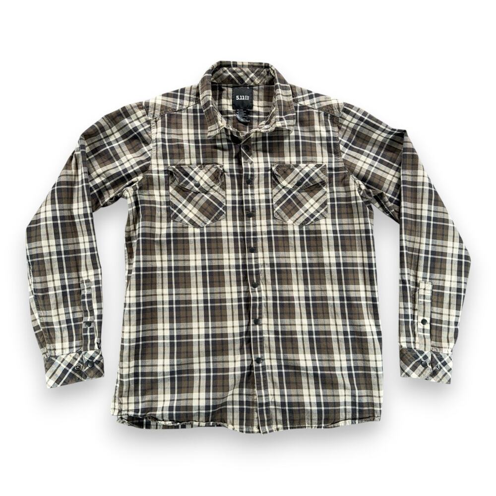 511 Tactical Western Shirt Adult LARGE Brown Gray Plaid Snap Front Utility
